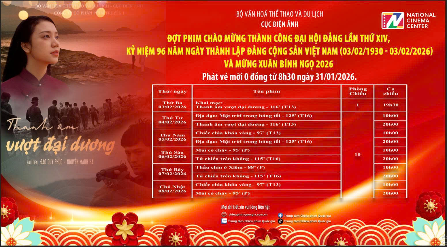 Chiếu miễn phí đợt phim chào mừng thành công Đại hội Đảng và mừng Xuân Bính Ngọ 2026